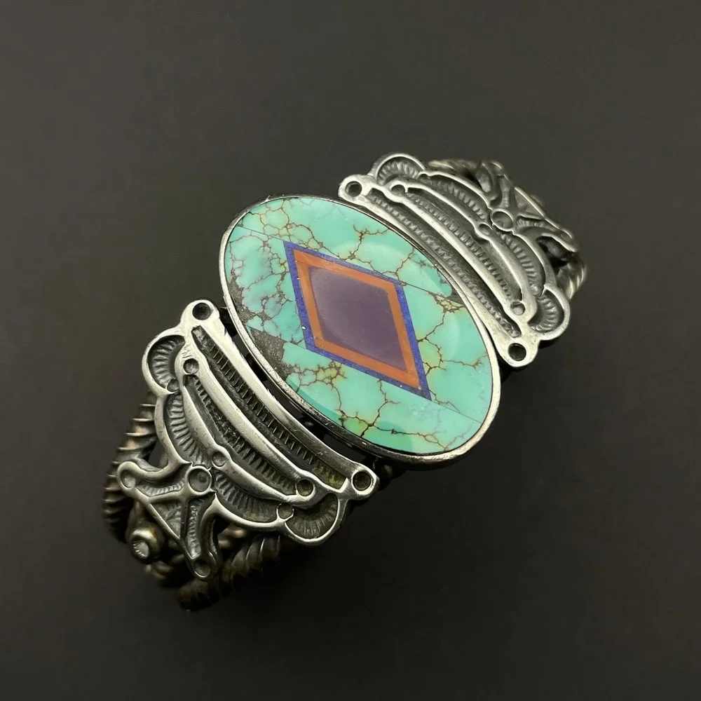 Vintage Navajo Ray Tracey & Knifewing Segura Sterling Silver Inlay Cuff Bracelet - Picture 7 of 16